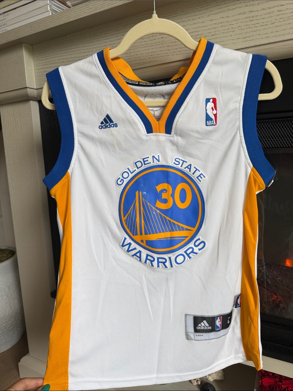 adidas White, Blue & Gold Golden State Warriors Kids Basketball Jersey